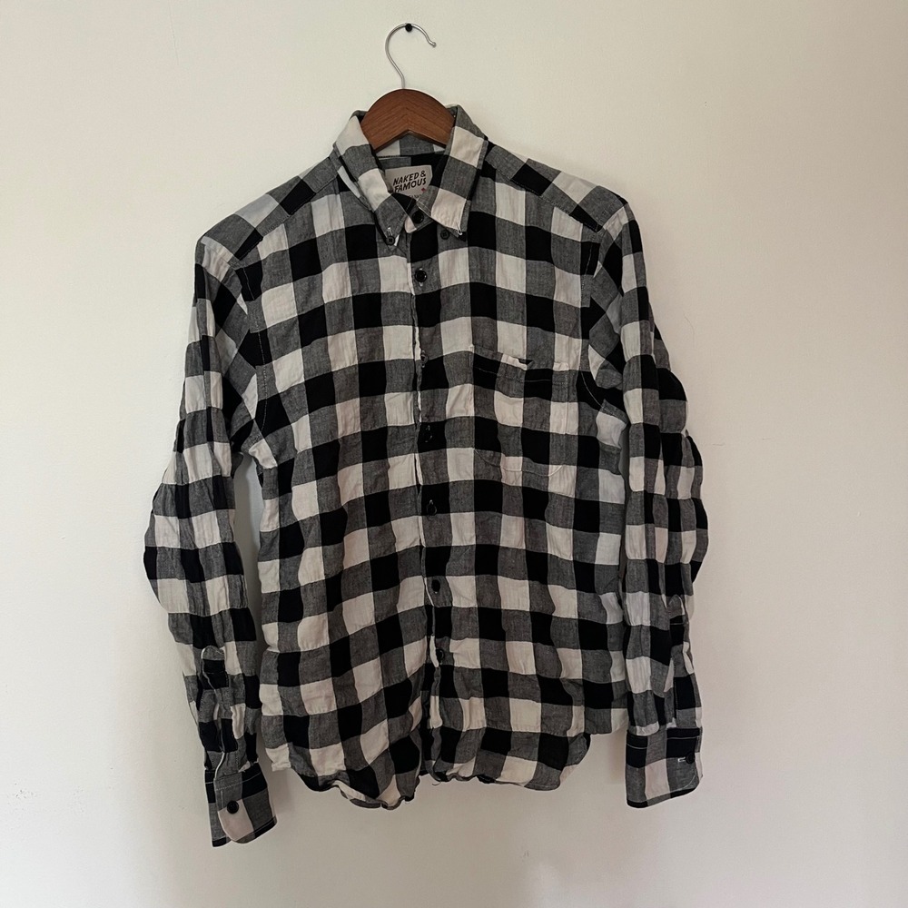 Naked & Famous Mens Flannel Herringbone Button Down Shirt Black White M